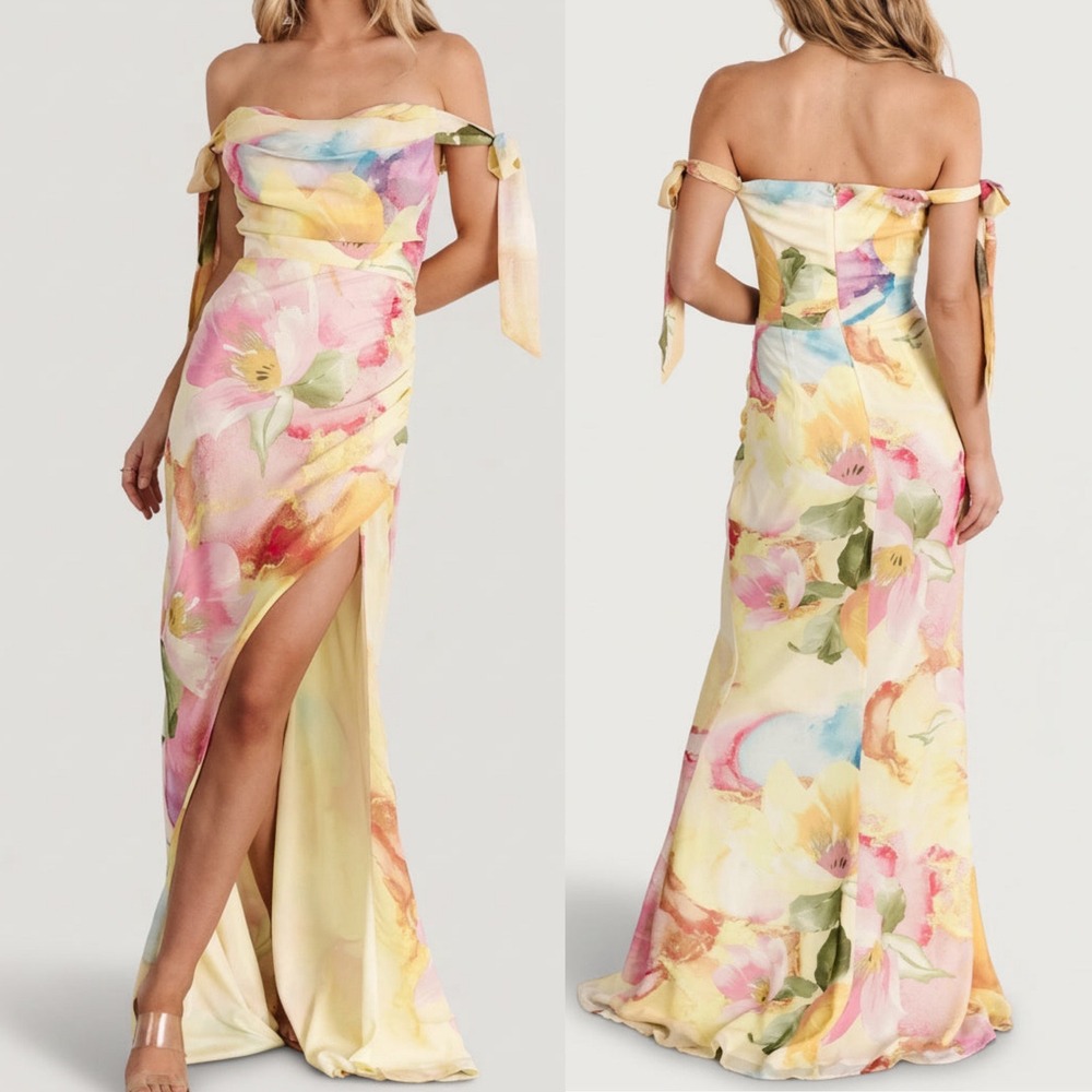 Baltic Born Allegra Maxi Dress Floral L Multi Off Shoulder Slit Formal Wedding
